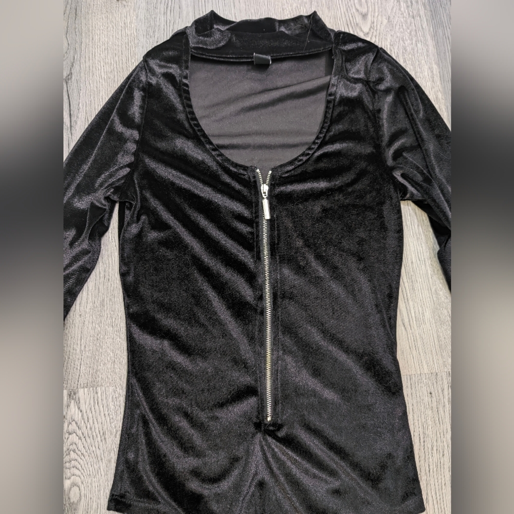 Black Velvet Choker Bodysuit Zip Front Goth Dark Coquette Balletcore Large